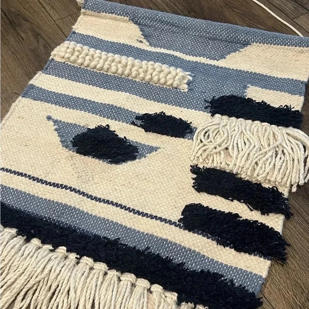 Handmade Woven Blue & Cream Wall Hanging Tapestries Complete With Fringe 32”x18”